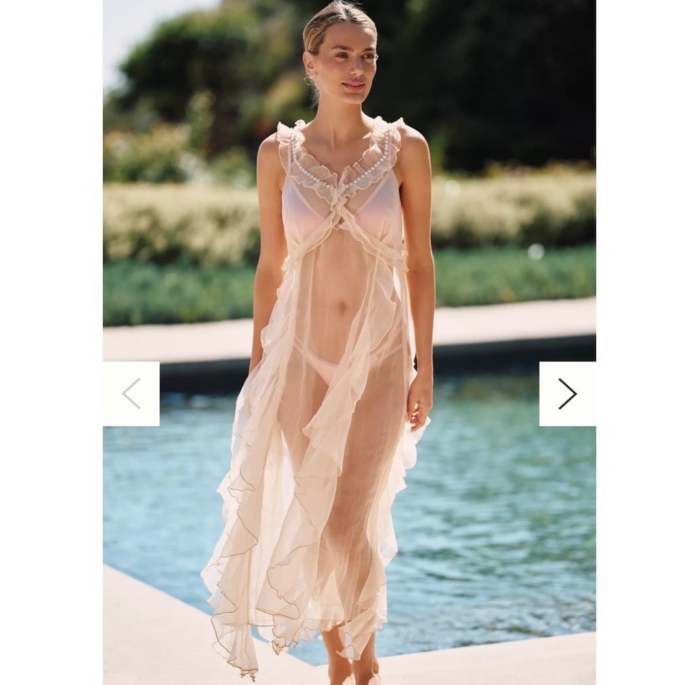 Ollari New York Sheer Chiffon Ruffle Maxi Dress One Size Cream Pearl Sequins
